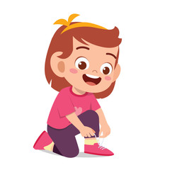happy cute little kid girl tie shoe shoelace