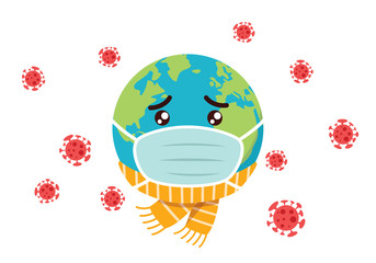 sad earth cartoon mascot infected with corona virus