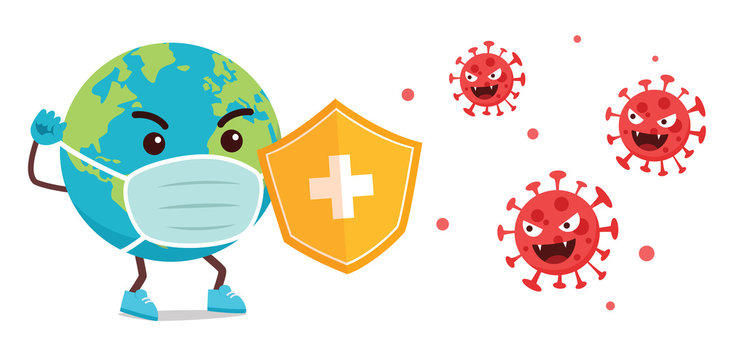 earth cartoon mascot fight with corona virus