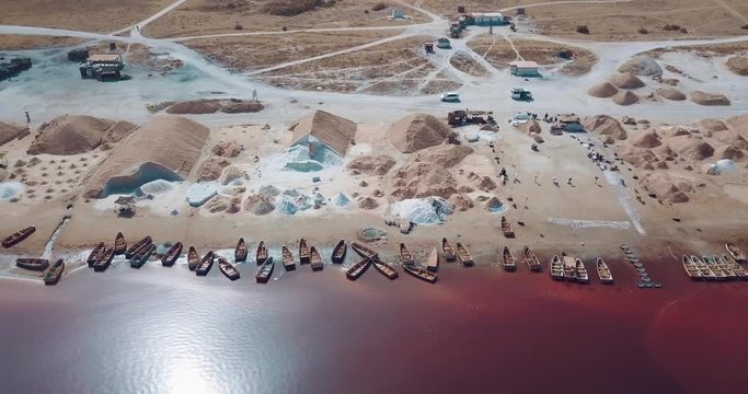 pink lake retba in the suburbs of Dakar photographed from a drone in Africa salt mining