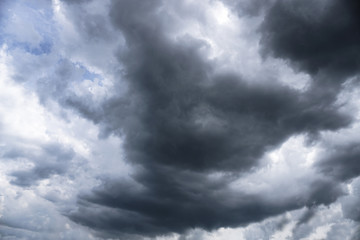 Terrible thunderclouds from the side of a plane. Gloomy epic clouds. Background image in a dark...
