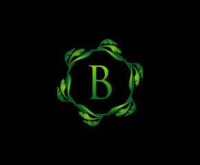 Green Leaf Letter B Round Logo Design. monogram logo. Simple Swirl Green Leaves Alphabet Icon.
