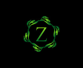 Green Leaf Letter Z Round Logo Design. monogram logo. Simple Swirl Green Leaves Alphabet Icon.