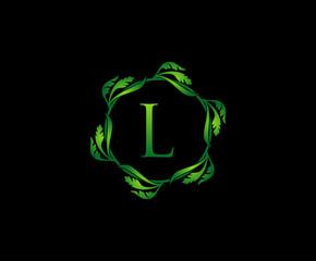 Green Leaf Letter L Round Logo Design. monogram logo. Simple Swirl Green Leaves Alphabet Icon.