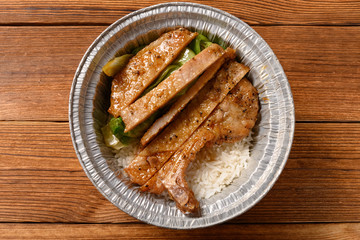 top view fast food of grilled pork and cabbage and rice
