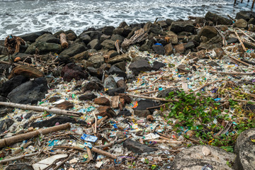 garbage on the beach, plastic waste and pollution on the beach