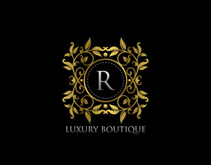 R Letter Luxury Boutique, Beautidul Flourish Gold Logo template