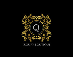Q Letter Luxury Boutique, Beautidul Flourish Gold Logo template