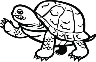 Mascot icon illustration of an eastern box turtle or land turtle, waving viewed from side on isolated background done in Black and White retro style.