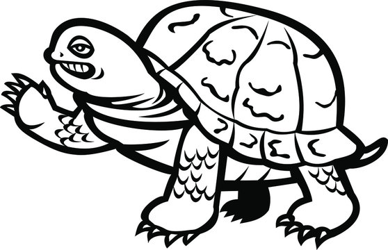 Mascot icon illustration of an eastern box turtle or land turtle, waving viewed from side on isolated background done in Black and White retro style.