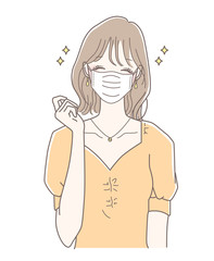 マスクをして喜ぶ女性