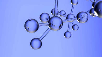 3d rendering of Science background with molecule or atom, Transparent gray abstract molecule model over blurred blue background. Copy space.
