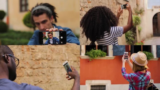 Multiscreen on joyful people making selfie photos on smartphone. Collage of happy multiethnic male and female travelers smiling to phone camera outdoor. Rear of pretty girl taking pictures in street