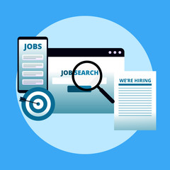 Job search, carreer opportunity, online job searching with laptop and smartphone, magnifying glass, target, and we are hiring poster. Flat design and vector illustration.