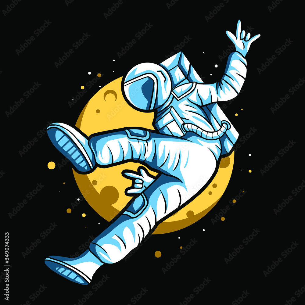 Wall mural astronaut float with metal finger on space vector illustration design with moon on background