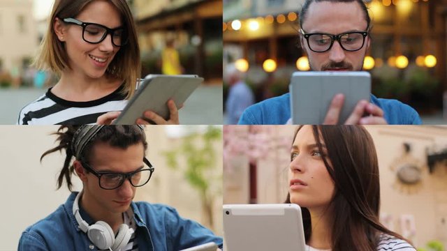 Collage on concentrated different young Caucasian people using tablet outdoors. Multiscreen on men and women surfing internet on device. Pretty girl with tablet searching for something in city