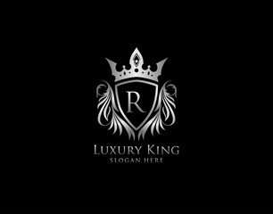 R Letter Luxury Royal King Crest,  Silver Shield Logo template
