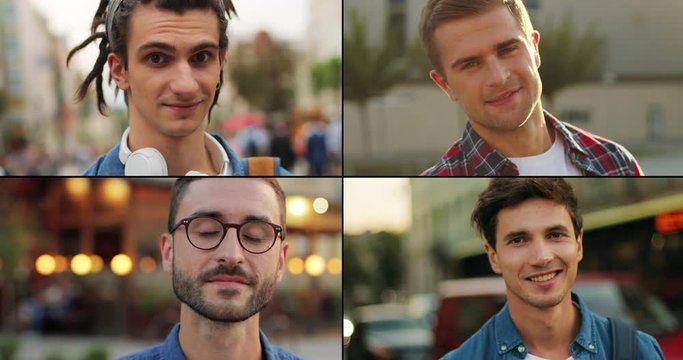 Multiscreen on different Caucasian men outdoors. Handsome male in glasses smiling on street. Cheerful young man in good mood standing in city. Happy guy with headphones. Urban concept