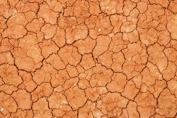 Nature background of cracked dry lands. Natural texture of soil with cracks. Broken clay surface of barren dryland wasteland close-up. Full frame to terrain with arid climate. Lifeless desert on earth
