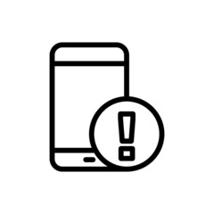 Mobile phone icon with exclamation mark vector icon in line art style on white background, Mobile phone icon and alert, error, alarm, danger symbol