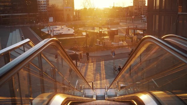 Empty escalator in the city center of Utrecht during sunset, covid19 pandemic, coronavirus emptiness in city squares