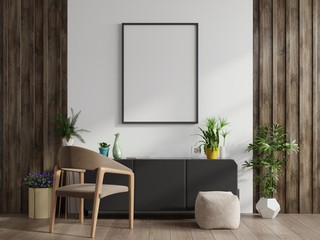 Mock up poster frame on cabinet in interior.