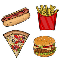 Set of fast food illustrations-hamburger, hotdog, French fries and slice of pizza.