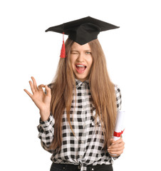 Female graduating student with diploma showing OK on white background