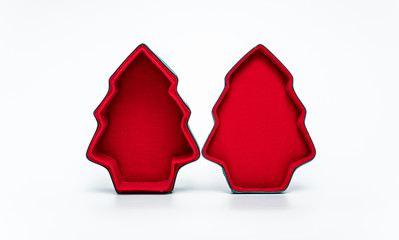 Pair of red Christmas tree shaped gift boxes