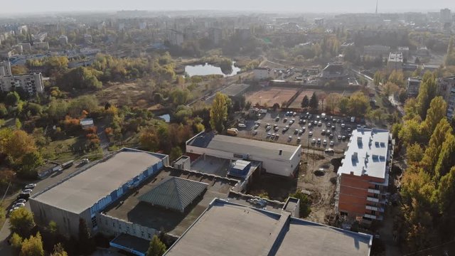 Aerial tower from flying up at the small cityscape old architecture houses Uzhhorod Ukraine Europe