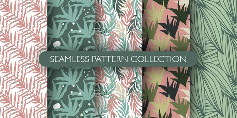 Set of abstract tropical leaves seamless pattern in doodle style. Jungle exotic leaf pattern collection. Botanical wallpaper. © smth.design