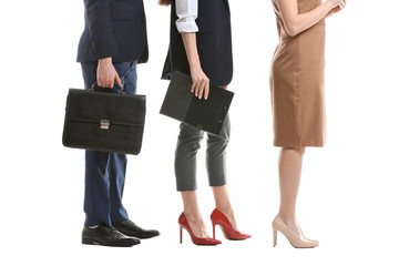 Young business people waiting in line on white background