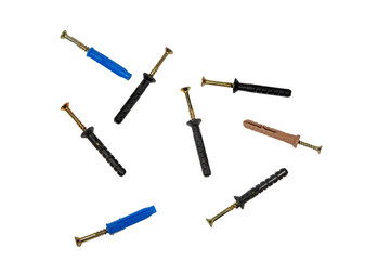 iron screws in a plastic base for mounting in a brick wall on a white background