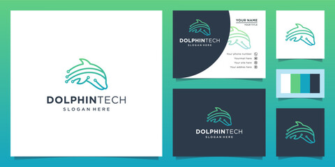 illustration of dolphin logo on the theme of technology. the dolphin technology logo. Design logos, icons and business cards. Premium vector. © mlangsen