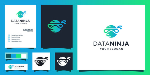 illustration of the ninja technology logo for storing data and brain data. Design logos, icons and business cards. Premium vector.