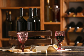 Composition with tasty wine on table