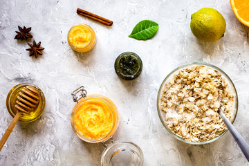 organic citrus scrub homemade on gray background top view