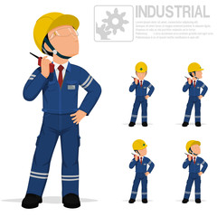 Set of worker is talking with the walkie-talkie.