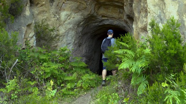 Boy and girl entering inside cave on rocky mountain hidden on secret place behind ferns and bushes
