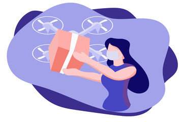 Flat vector woman receiving or sending package delivered by quadcopter, Wearing protective mask,  Concept of drone delivery service.