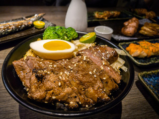 Delicious traditional skewers grilled for dinner. Japanese variety food.