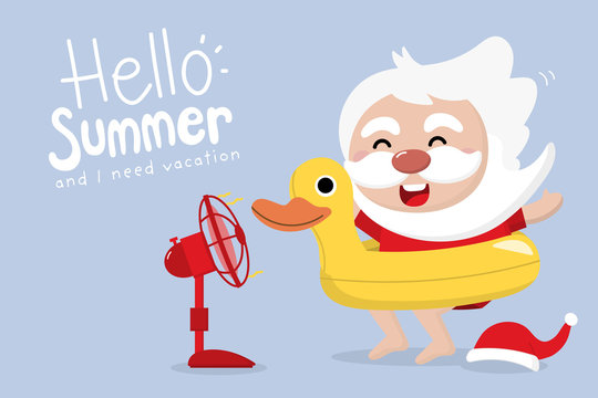 Santa Claus, yellow duck rubber ring
and electric fan in summer. Holidays cartoon character need a vacation. -Vector