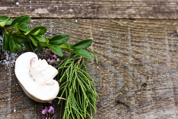 Half white champignon with herbs on the kitchen table