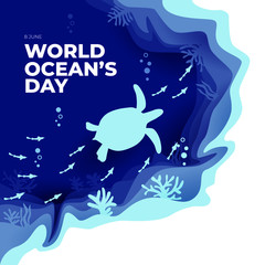 world ocean's day greeting card template paper art style