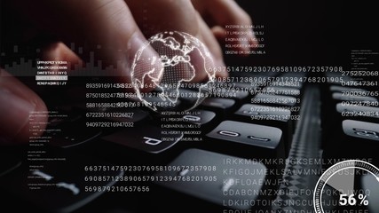 Man working on laptop computer keyboard with graphic user interface GUI hologram showing concepts...