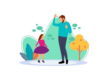 Flat illustration of dad and little girl dancing happily at home. Cartoon characters with the concept of father's affection for girls. Activities when you have free time.