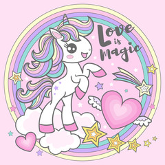 Love is magic. Cute white unicorn. Vector illustration