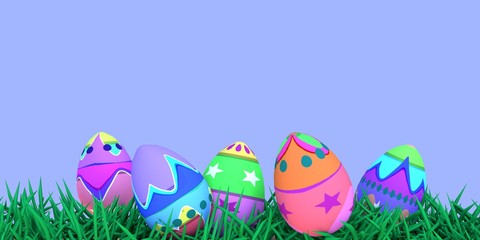 Colorful easter eggs on the grass field.3d illustation and rendering.