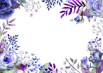 Frame with roses, leaves, berries, decorative twigs. Wedding concept with flowers. Watercolor composition in blue tones for greeting cards or invitations
