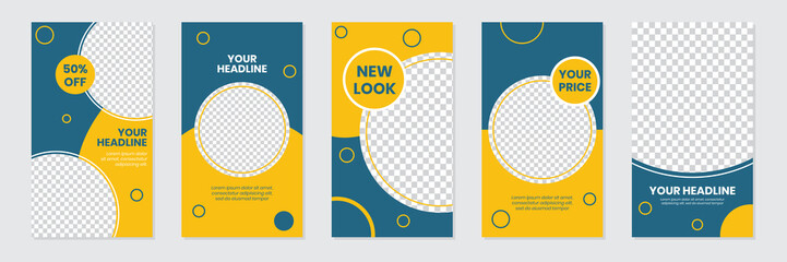 Slides Abstract Unique Editable Modern Social Media Navy Yellow Banner Template. Circle Element. Anyone can use This Design Easily. Promotional web banner for social media stories. Vector Illustration
